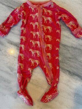 KicKee Pants Baby Girl 0-3M Pink Unicorn Viscose Zipper Footie Foldover Hands